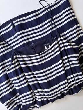 J. Crew Silk Navy & Cream Striped Spaghetti Strap Mid-Length Slip Dress Size 12